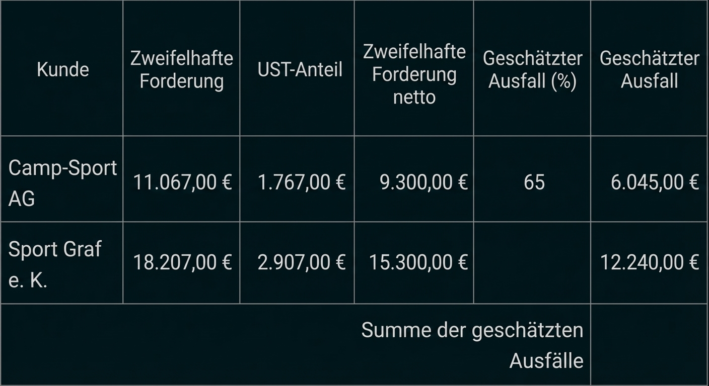 Tabelle mit zweifelhaften Forderungen zweier Kunden, Beträgen, USt‑Anteil und geschätzten Ausfällen.